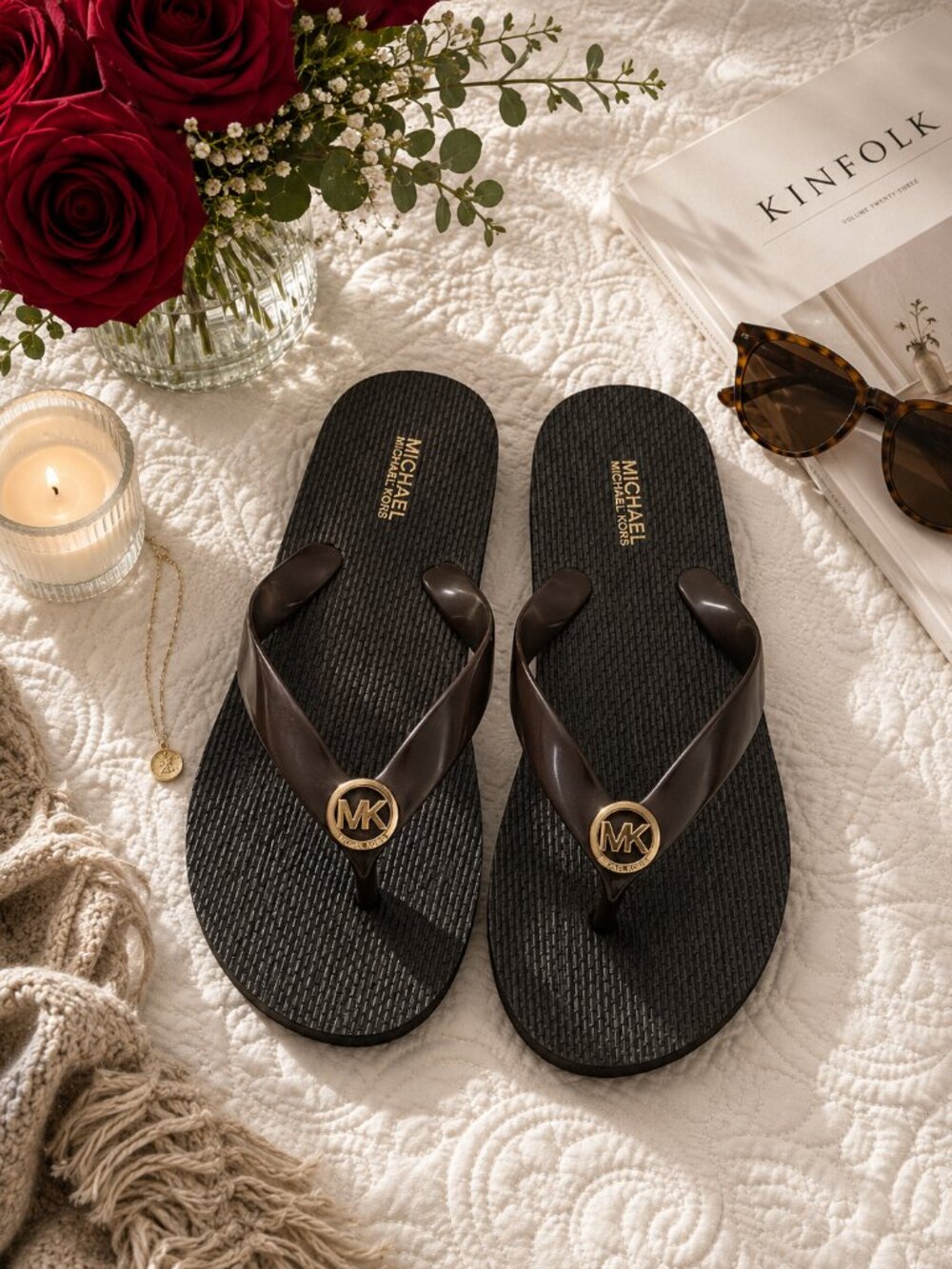 Michael Kors MK Logo Flip Flop Sandals Black Brown Gold Medallion New